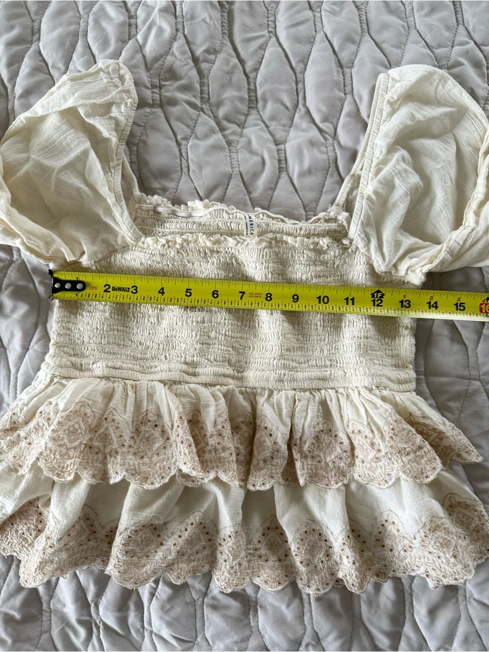 Cream Smocked Square-Neck Lace Peplum Peasant Top Puff Sleeve Boho Cottagecore - Picture 8 of 9